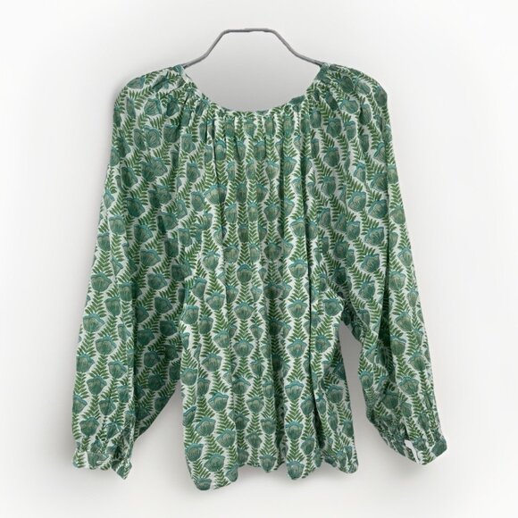 Emerson Fry India Collection Green Floral Peasant Top size L Button Front Cotton - Picture 4 of 7